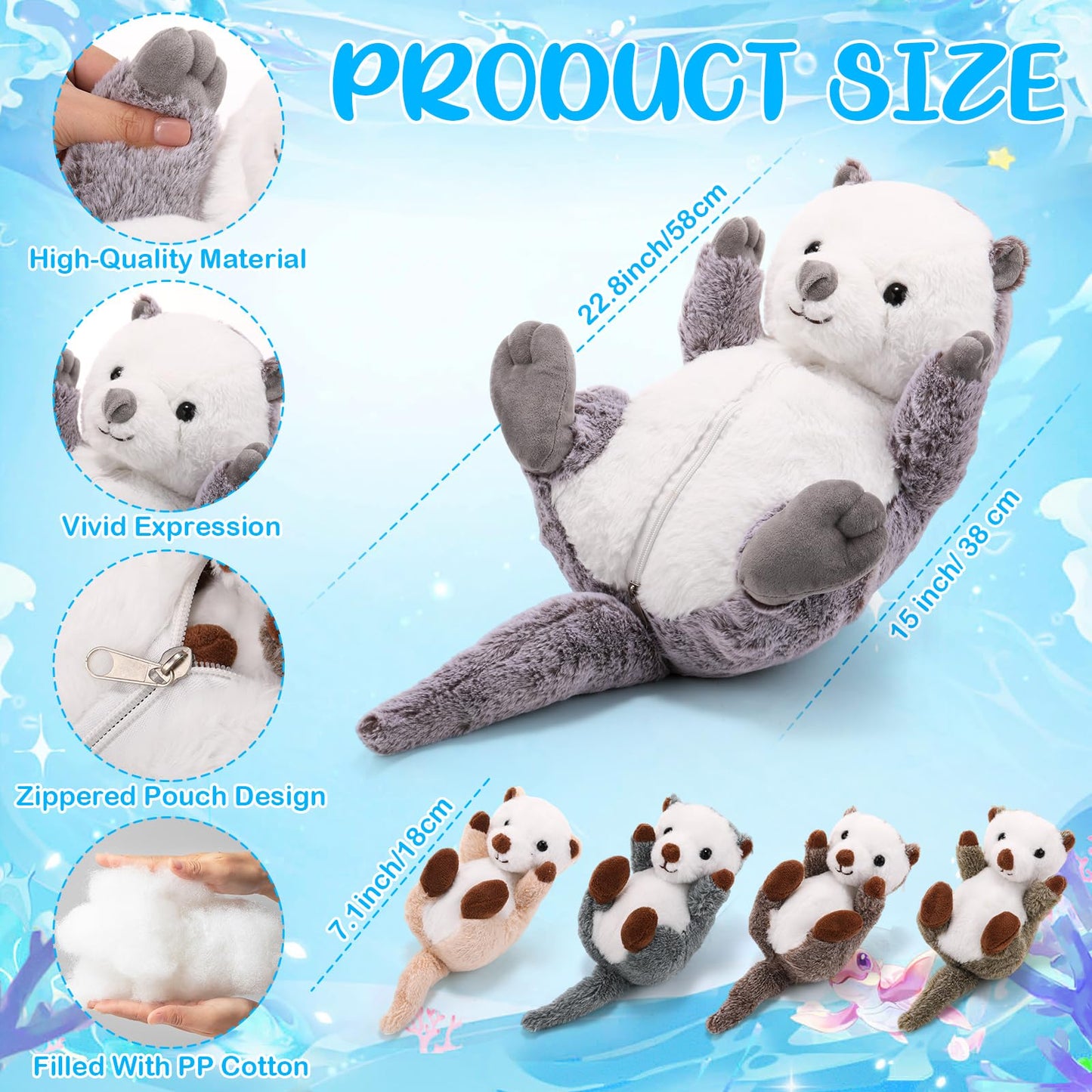 Shappy 5 Pcs Sea Otter Stuffed Animals Large Mommy Sea Otter Stuffy Plush With 4 Cute Babies In Her Zippered Belly Soft Cuddly Plushies For Boys Girls Birthday Gifts Ocean Party Decors(Gray)