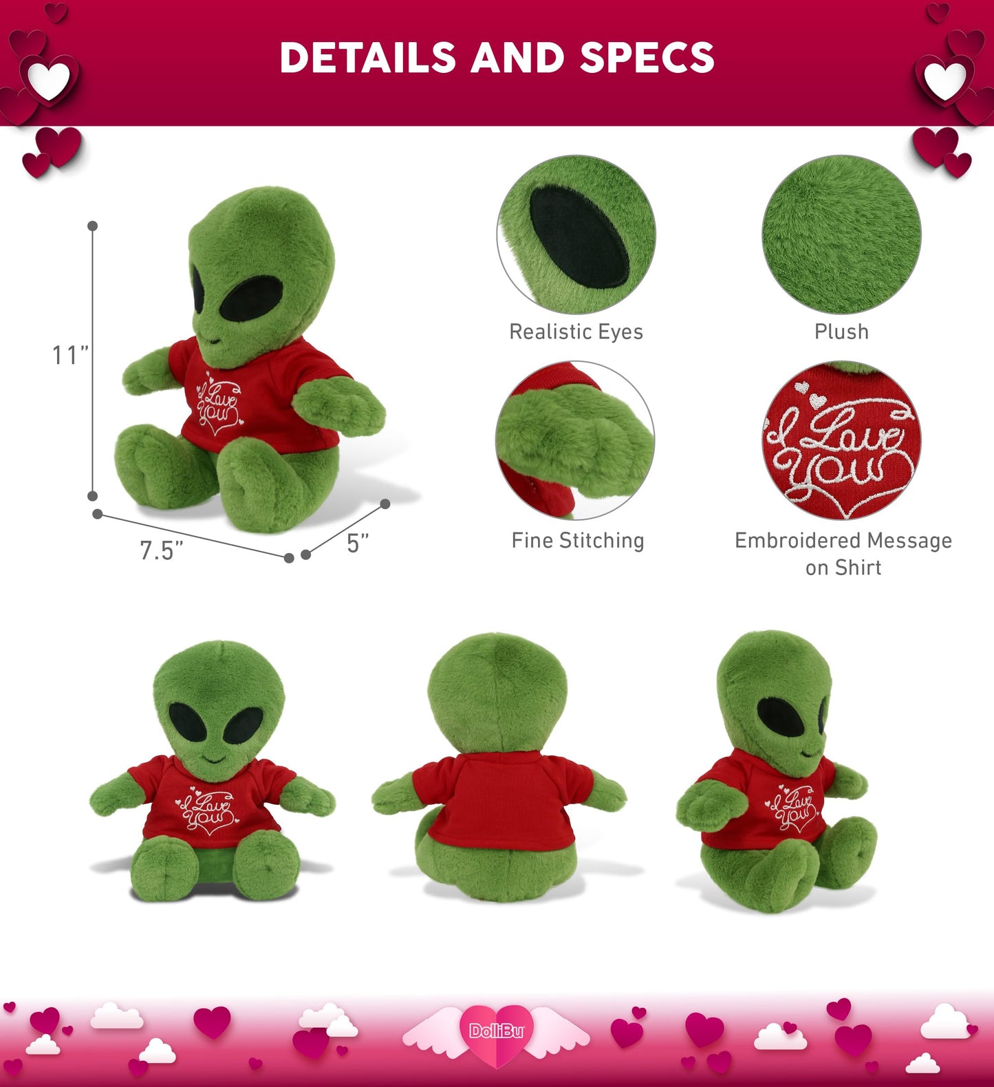 DolliBu I Love You Super Soft Alien Plush- Cute Alien Stuffed Outer Space Creature with I Love You Red Shirt for Valentine  Anniversary  Romantic Date  Boyfriend  or Girlfriend Gift - 11 inches