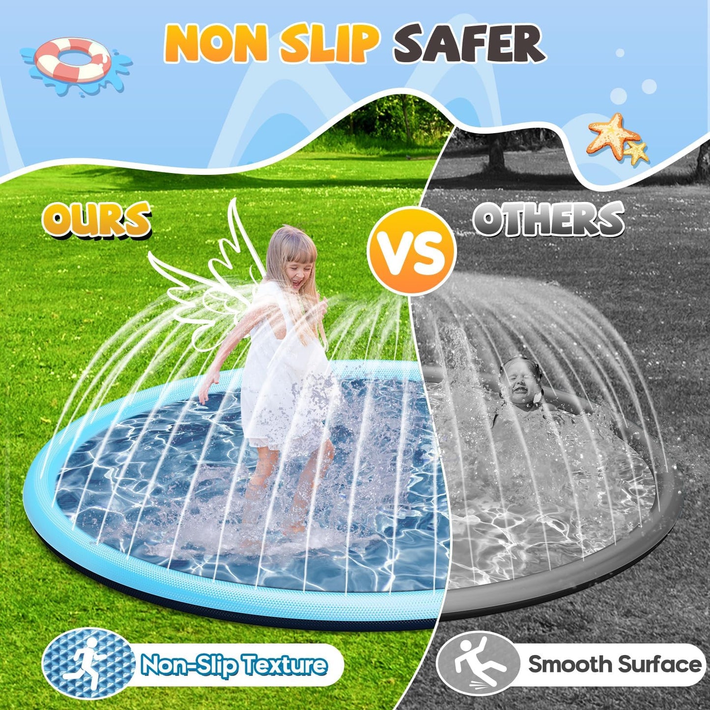 Splash Pad Sprinkler for Kids, 127'' Extra Large Non-Slip Baby Play Mat - 2 Colors, Dog Pool Toys, Toddler Outdoor Toys for Ages