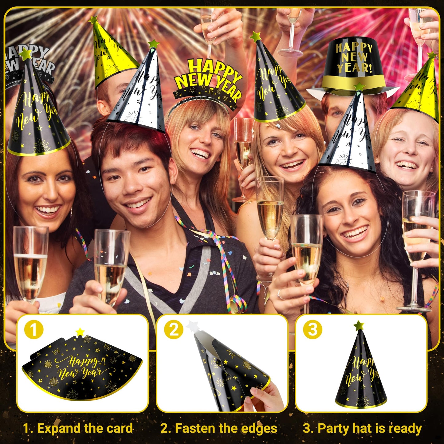 40PCS New Years Party Supplies 20 Guests, New Years Party Favors Gold Black, New Years Accessories Cardboard Plastic, Tiaras Top