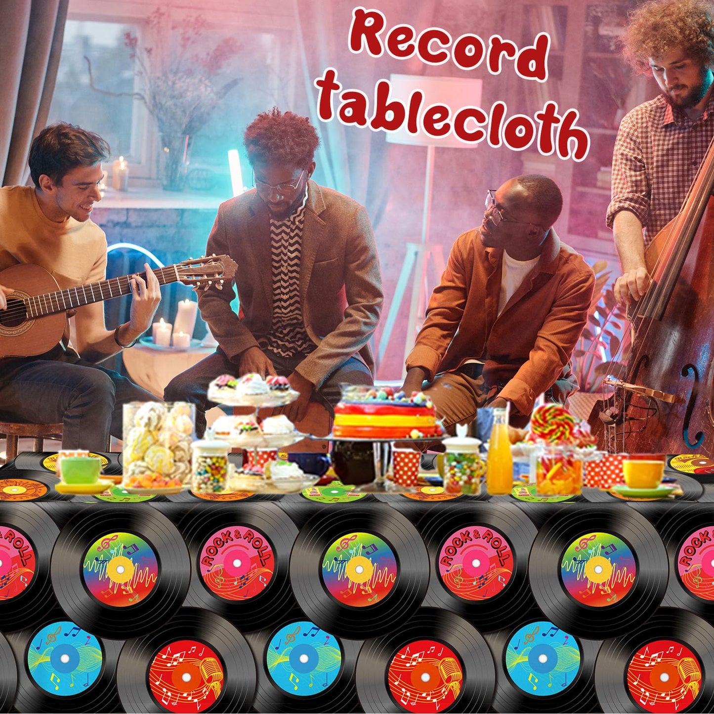 3Pcs Rock And Roll Party Tablecloth, 1950'S Rock And Roll Music Party Decorations Plastic Rectangular Record Table Covers For 50
