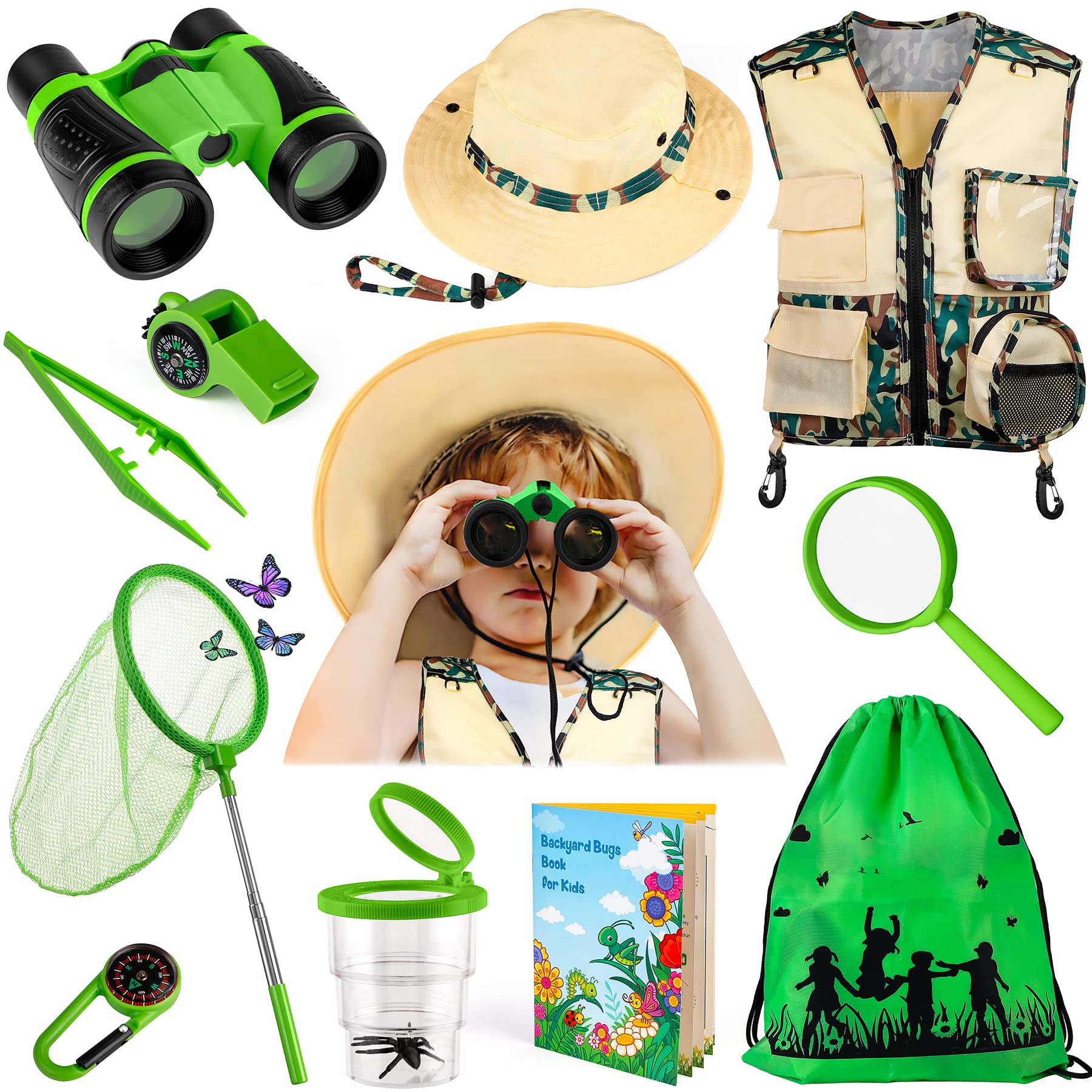 Innocheer Kids Explorer Kit & Bug Catcher Kit & Safari Costume Kit, Outdoor Exploration Set With Hat, Vest, Butterfly Net And Bugs Book For Boys Girls 3-12 Years Old (Camouflage Green)