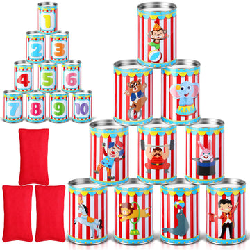 PullCrease 13 Pcs Carnival Can Game Bean Bag Toss Carnival Games with 10 Tin Cans and 3 Bean Bag for Easter Outdoor Family Party