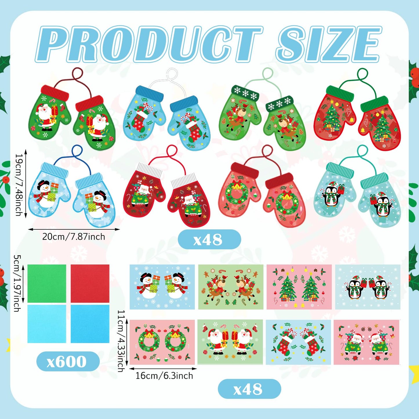DoubleFill 48 Pcs Winter Gloves Suncatchers Craft Kits Ornaments DIY Stained Glass Effect Tissue Paper Kits Bulk for Window Deco