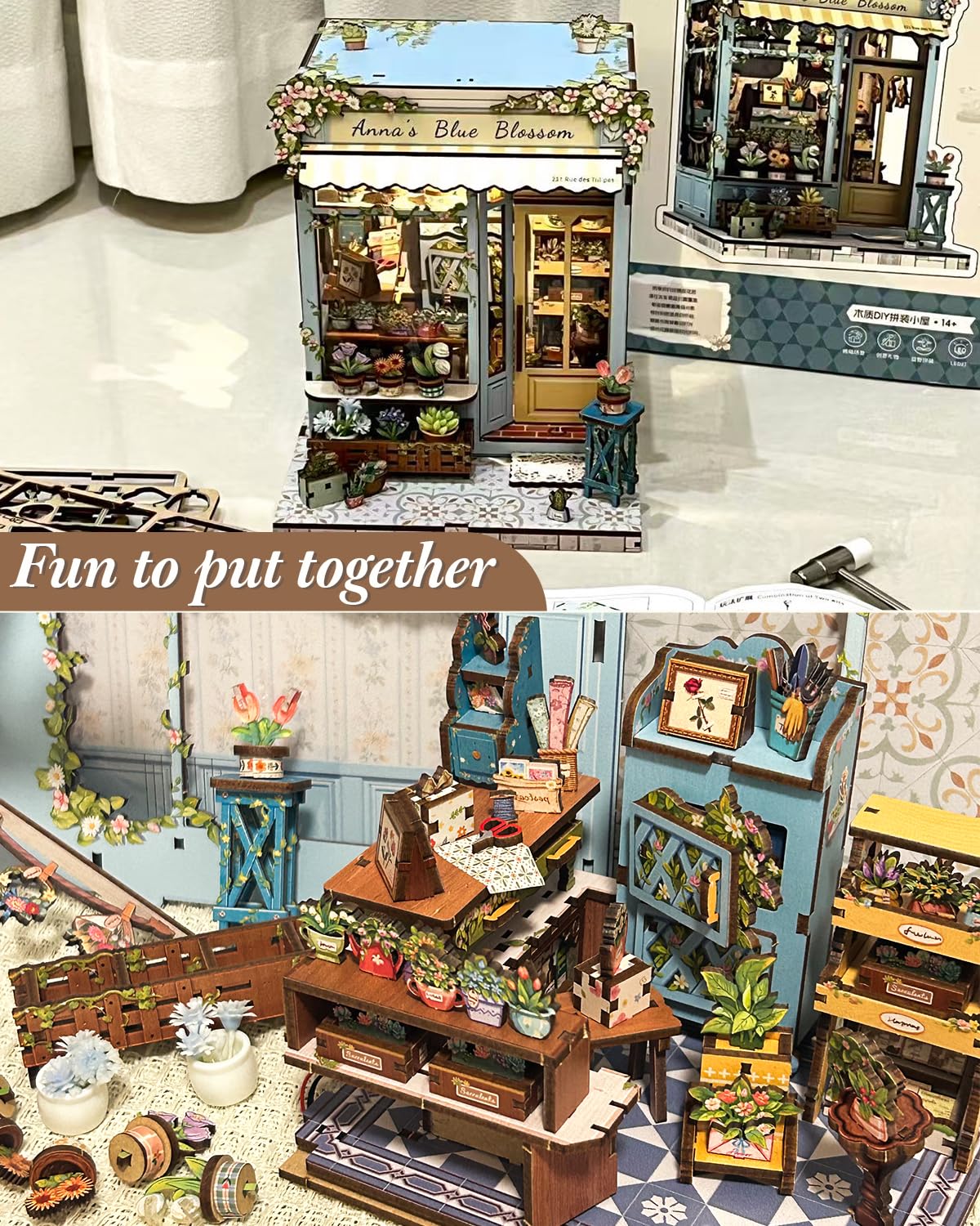 CUTEBEE Book Nook Kit - DIY Miniature House Dollhouse Kit for mature-themed and Teens  Booknook Bookshelf Decor Alley Model Build with LED Light  Gifts for Family and Friends (Anna 's Blue Blossom)