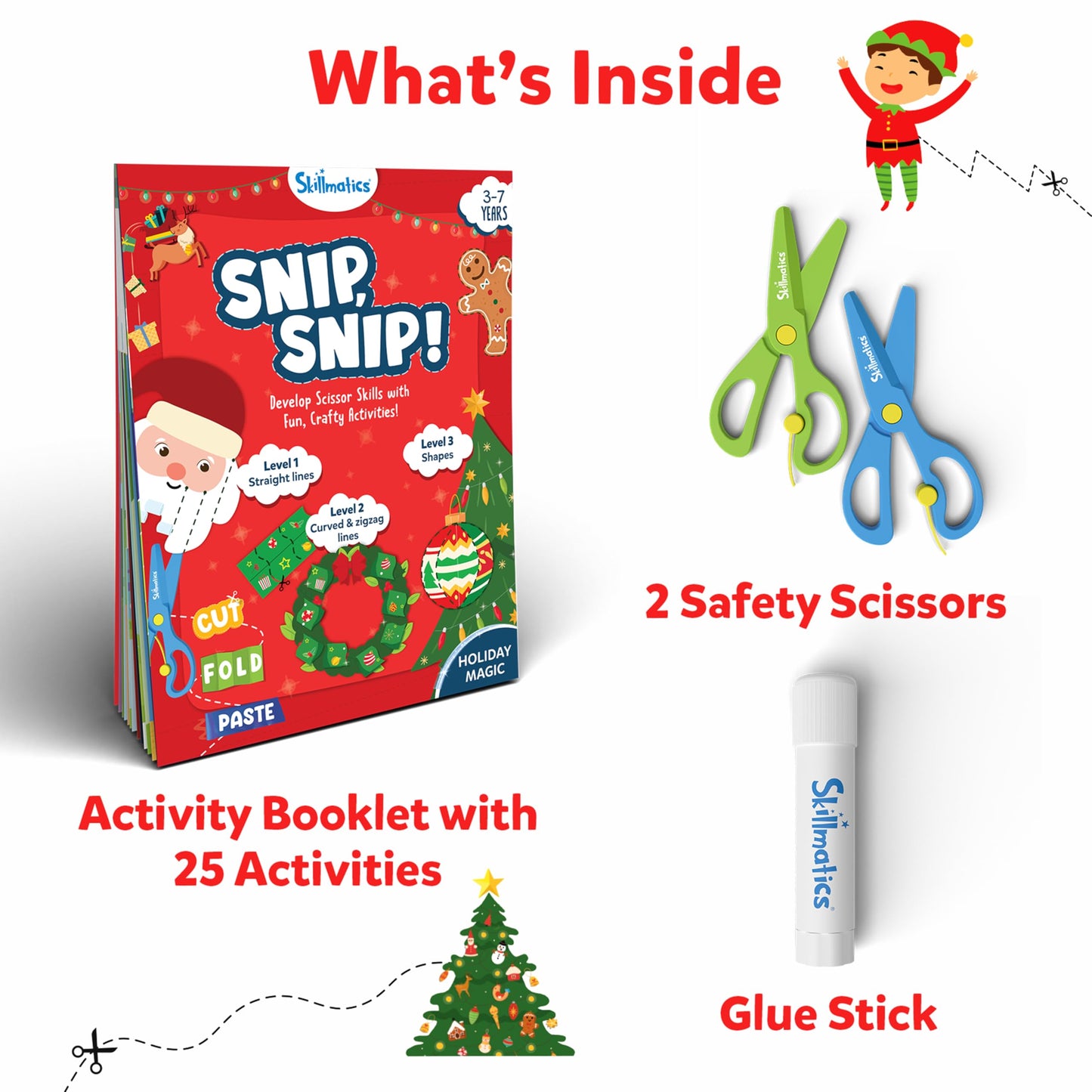 Skillmatics Scissor Skills Activity Book - Snip Snip Christmas, 25 Fun Cutting & Creative Activities for Preschoolers, 2 Child-S