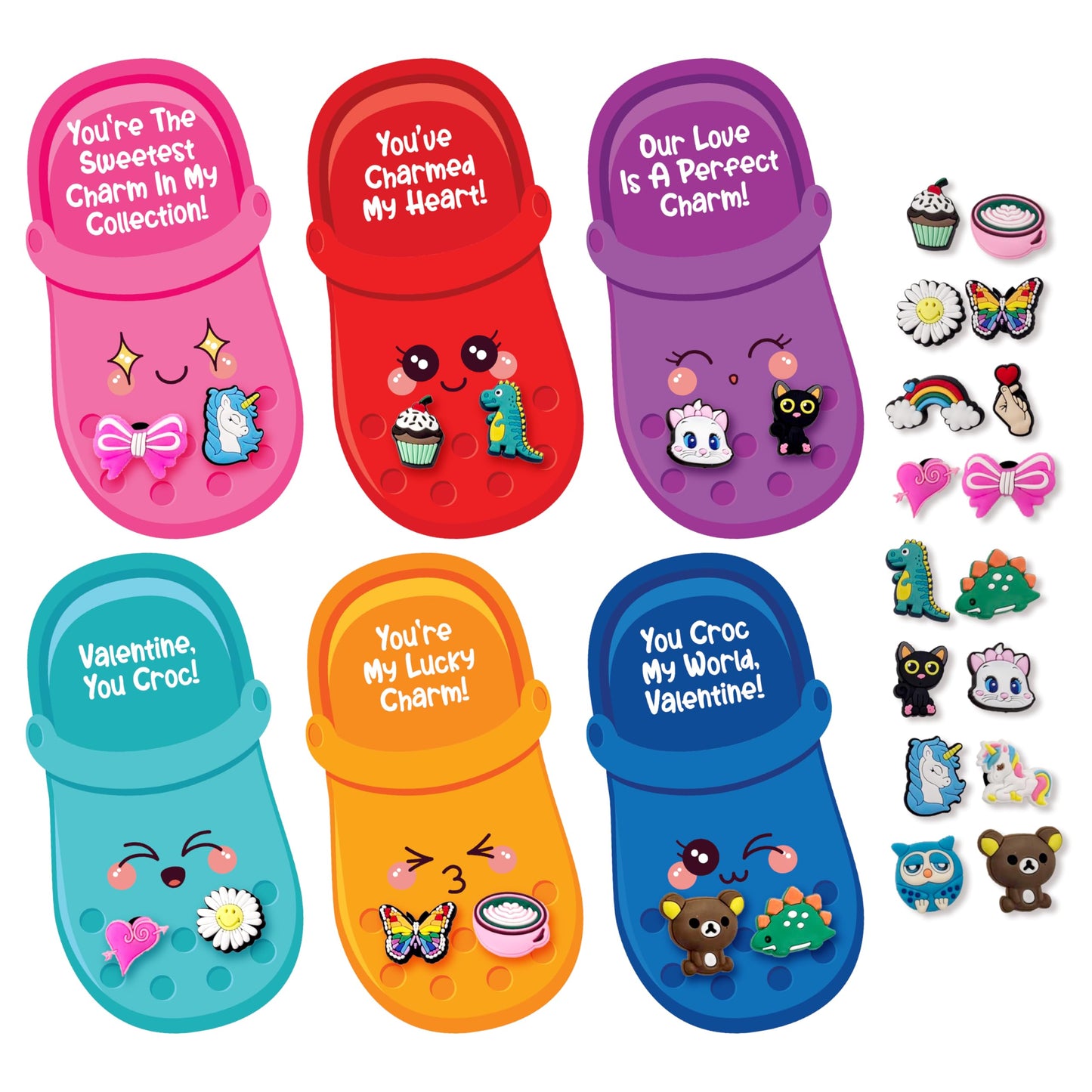 4Es Novelty 48 Pcs Valentines Cards with 96 Cute Shoe Charms, Bulk Valentines Day Cards & Gifts for Kids School Valentines Clas