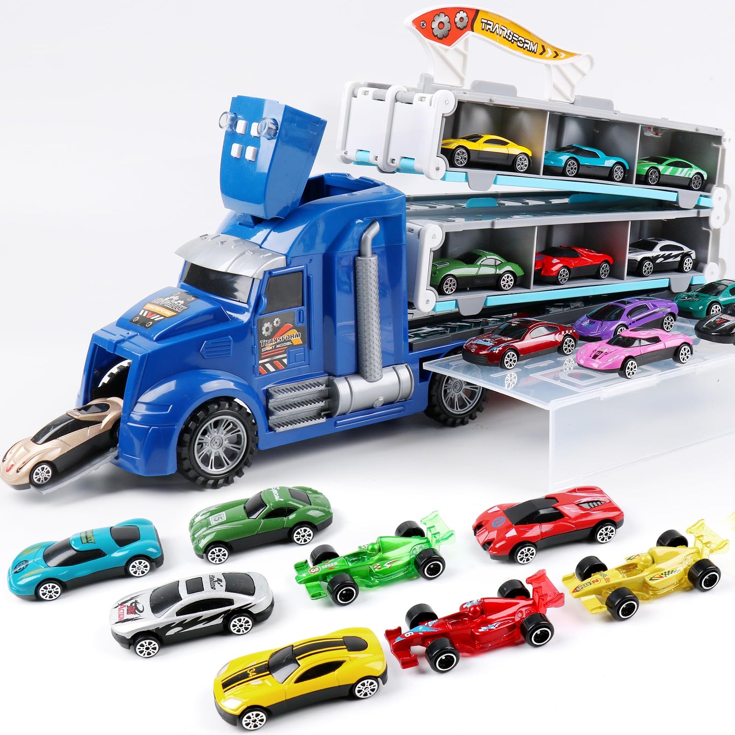Dwi Dowellin Carrier Truck Toys for Kids,5-FT Hauler Truck with Ejection Race Track and 16 Die-Cast Metal Toy Cars,Car Toy Gift 