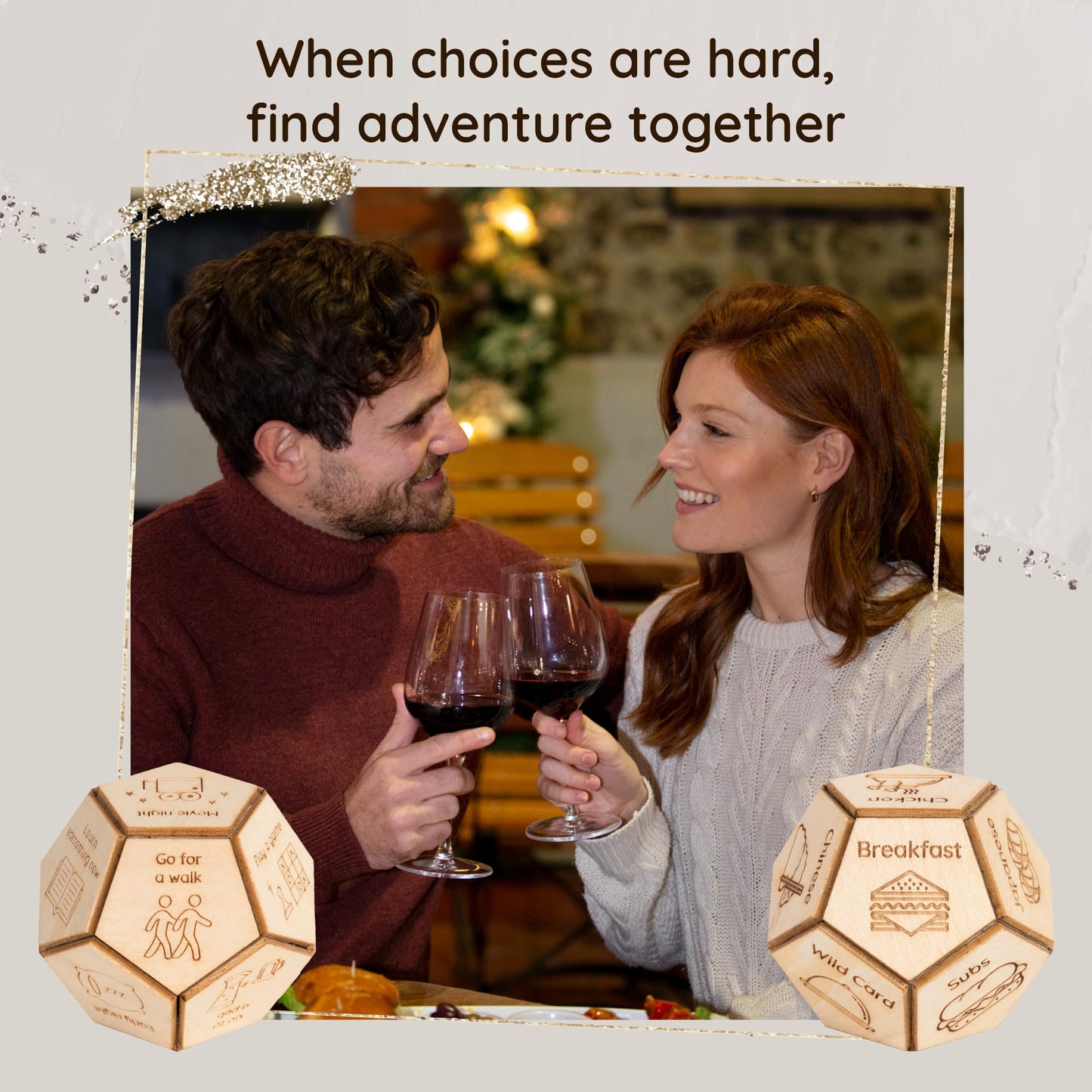 2 Pcs Wooden Dodecahedron Food & Activity Dices Decider, 12 What To Eat And Do For Dinner Decision Dice Date Night Ideas, Valent