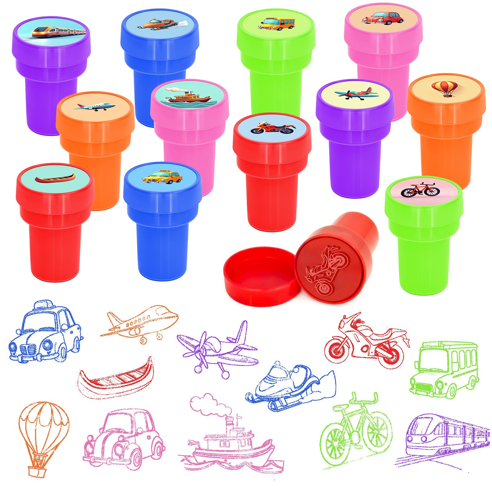 Cinrobiye 24 Pcs Transportation Stampers for Kids, Traffic Vehicle Stamp Set with Trucks Planes Trains Fire Trucks Police Cars f