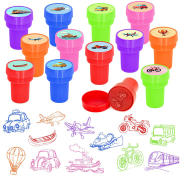 Cinrobiye 24 Pcs Transportation Stampers for Kids, Traffic Vehicle Stamp Set with Trucks Planes Trains Fire Trucks Police Cars f