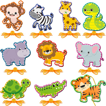 10 Pieces Kids Jungle Animal Lacing Cards Safari Animal Sewing Cards Thick Cardboard Double Sided Lacing Playing Games for Child