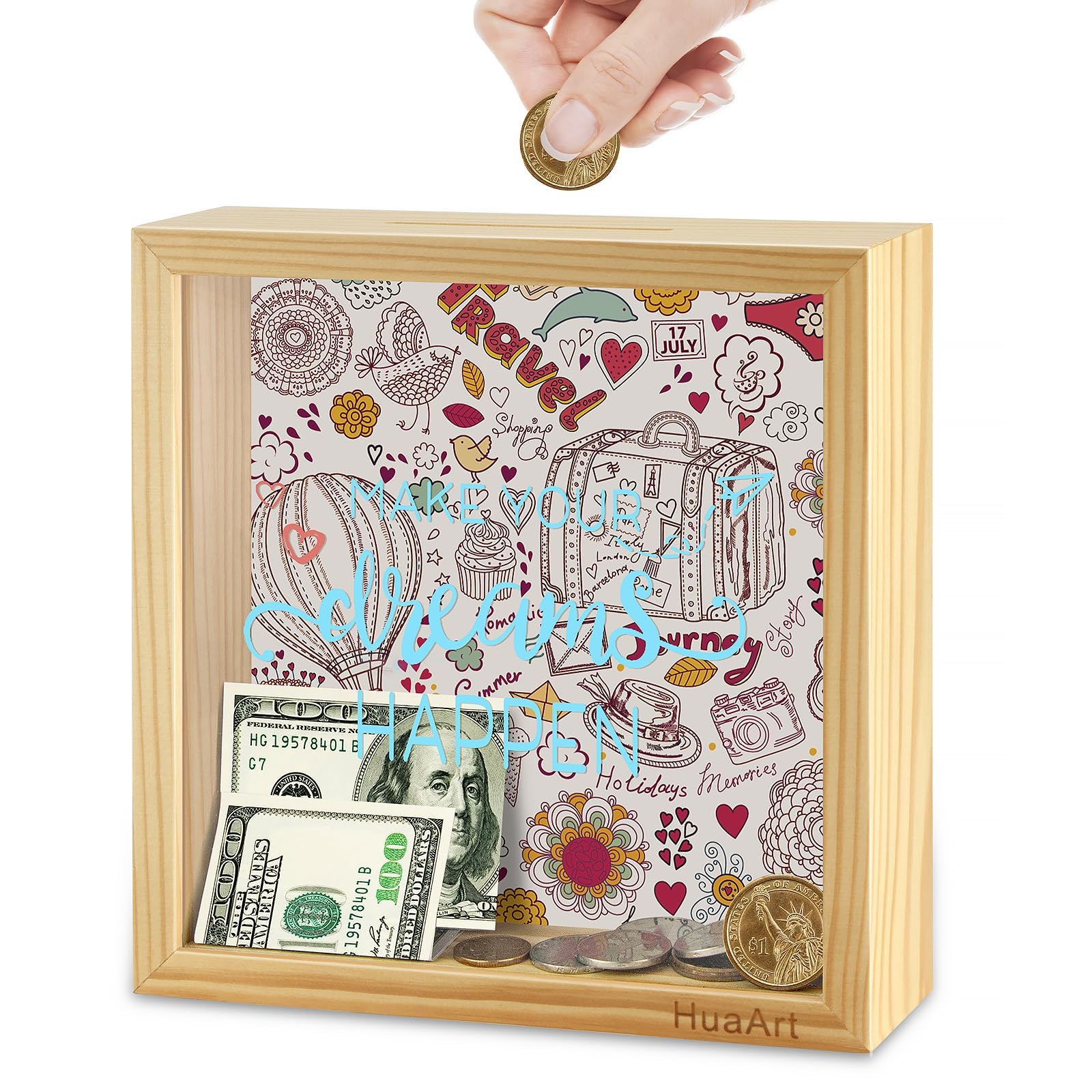 Piggy Banks For Adults,Bigger Wooden Safe Money Savings Bank Box For Kids, Coin Bank Money Bank,Natural Wood Money Box, Printed On The Plexiglass Front-Make Your Dreams Happen, Sized (8X8X2.4 Inch)