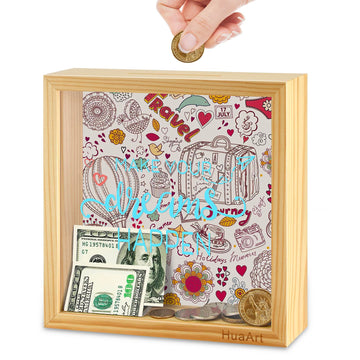 Piggy Banks For Adults,Bigger Wooden Safe Money Savings Bank Box For Kids, Coin Bank Money Bank,Natural Wood Money Box, Printed On The Plexiglass Front-Make Your Dreams Happen, Sized (8X8X2.4 Inch)