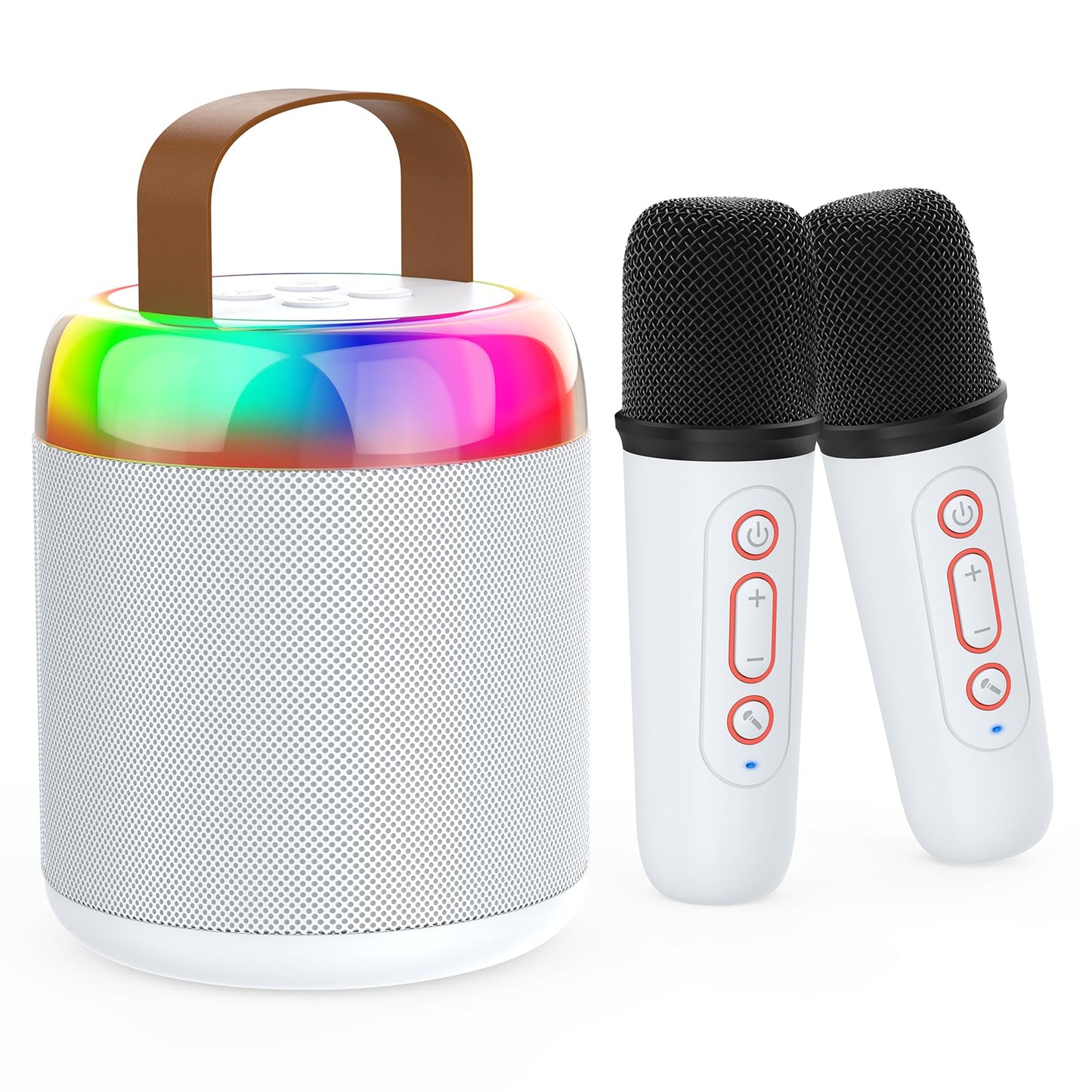 Mini Karaoke Machine For Kids Portable Bluetooth 5.3 Speaker Led Lights With 2 Wireless Microphones Karaoke Toy Gifts For Girls Boys Audlt Birthday Christmas Solid Metal Body - Pure White