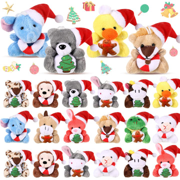 Blueweenly 24 Pcs Mini Christmas Stuffed Animal Bulk Christmas Plush Keychain Decorations Xmas Small Plush Animal Toys With Sant