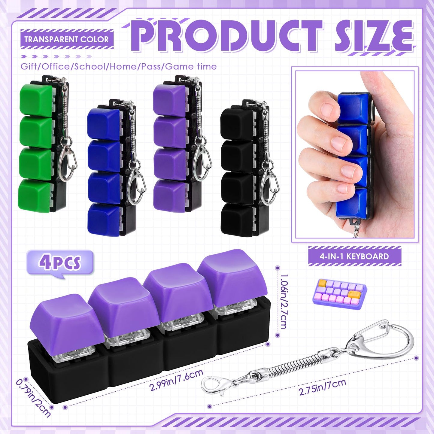 Halloscume 4 Pcs Keyboard mature-themed Fidget Toy Clicker Toy 4-in-1 Keyboard Fidget Keychain Cube Mechanical Key Button Clicker Stress Relief Gift for Office School Home to Pass The Time (Solid Colors)