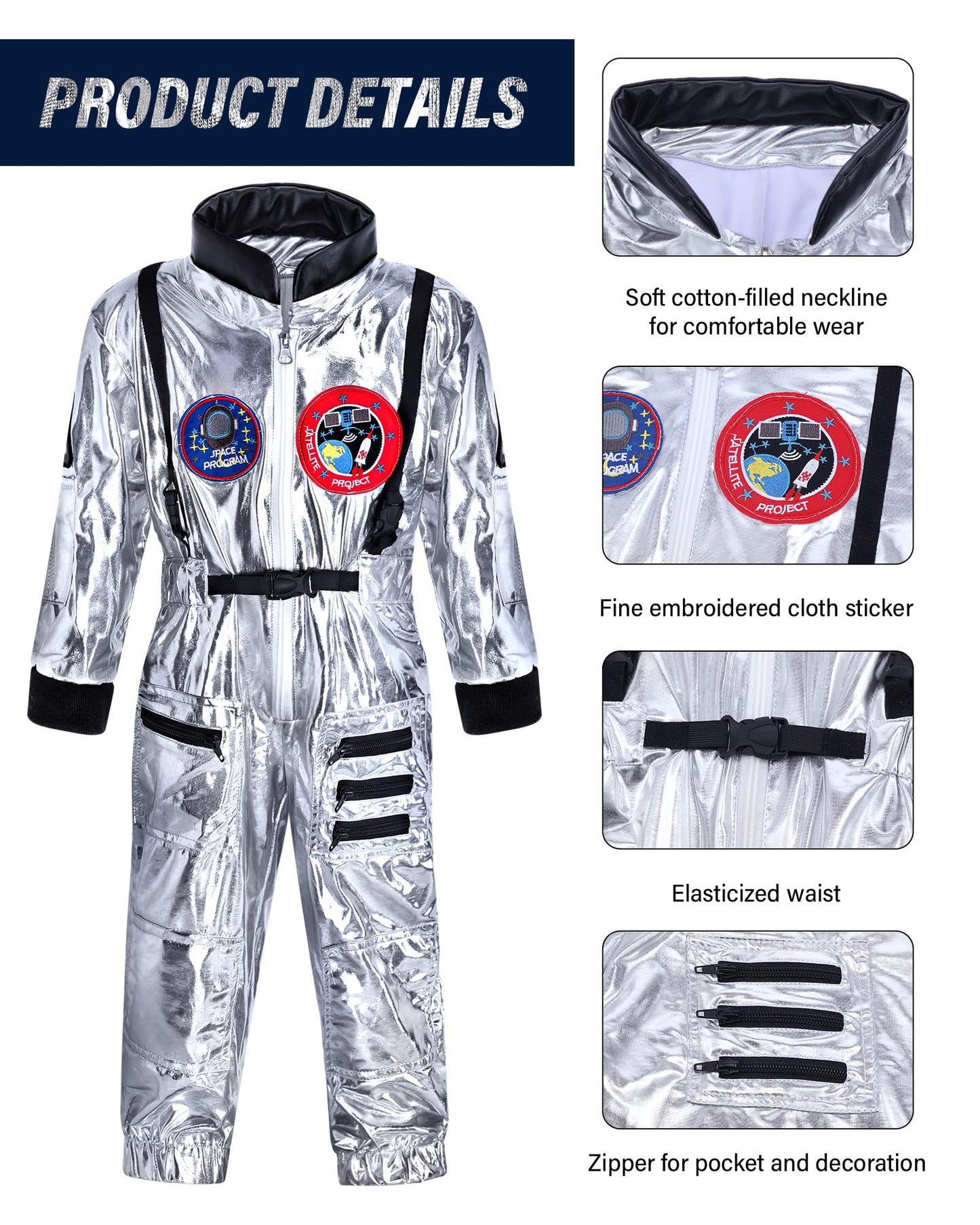 Cuffbow 4 Pcs Astronaut Costume Kids For Halloween, Space Helmet Jumpsuit Gloves Shoe Covers Set For Child Teen Boys (Silver,3-4