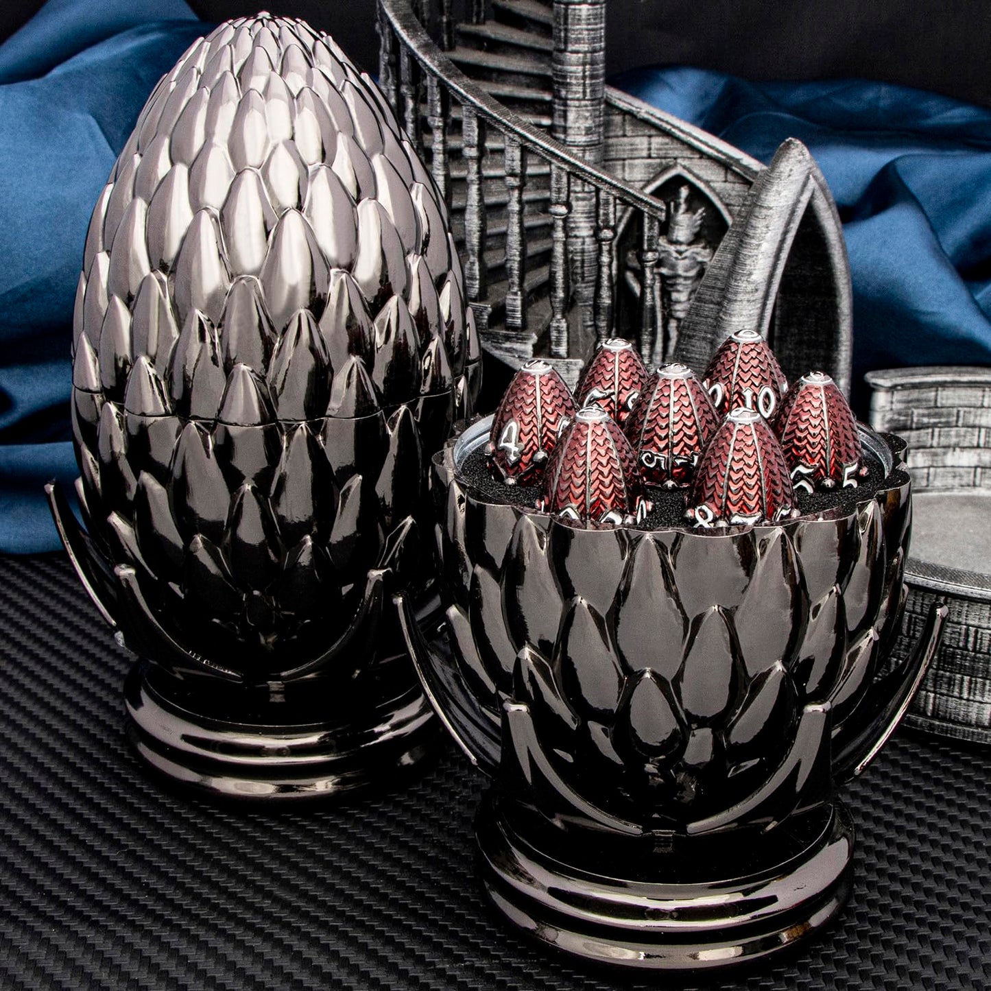 ARUOHHA DND Metal Dice Black Red Dragon Egg Dice with Rotating Dragon Egg Shell, Dungeons and Dragons Role Playing Game RPG D&D