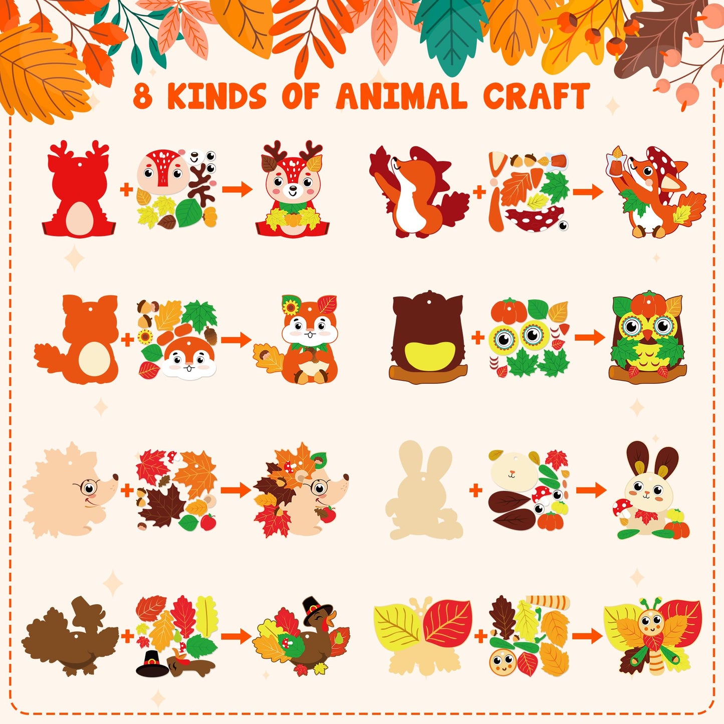 WATINC 123pcs Fall Craft Kits for Kids, Cute Animals Hanging Ornaments DIY Maple Leave Sticker Crafts with String, Fall Autumn T