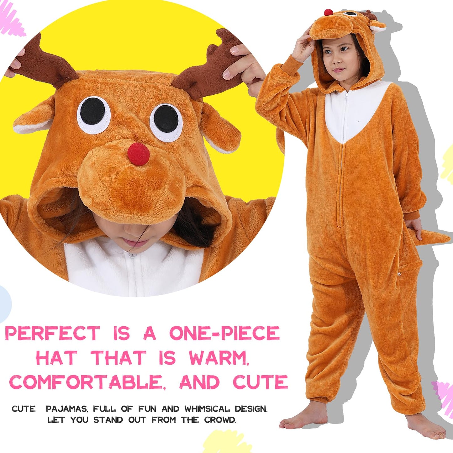 Halloween Christmas Unisex Kids Flannel Cosplay Onesie Costume Outfit Suit for Girls and Boys (Brown Reindeer  10 Years)