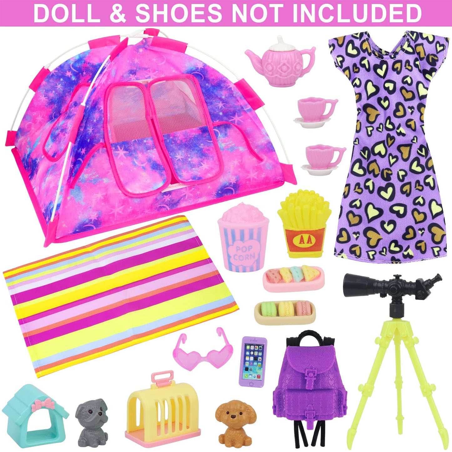 K.T. Fancy 18 PCS Girl Doll Travel Camping Tent Set and Accessories for 11.5 Inch Girl Doll Includes Doll Tent  Clothes  Backpack  Toy Dog  Placemat  Toy Phone  Glasses (Doll NOT Included)