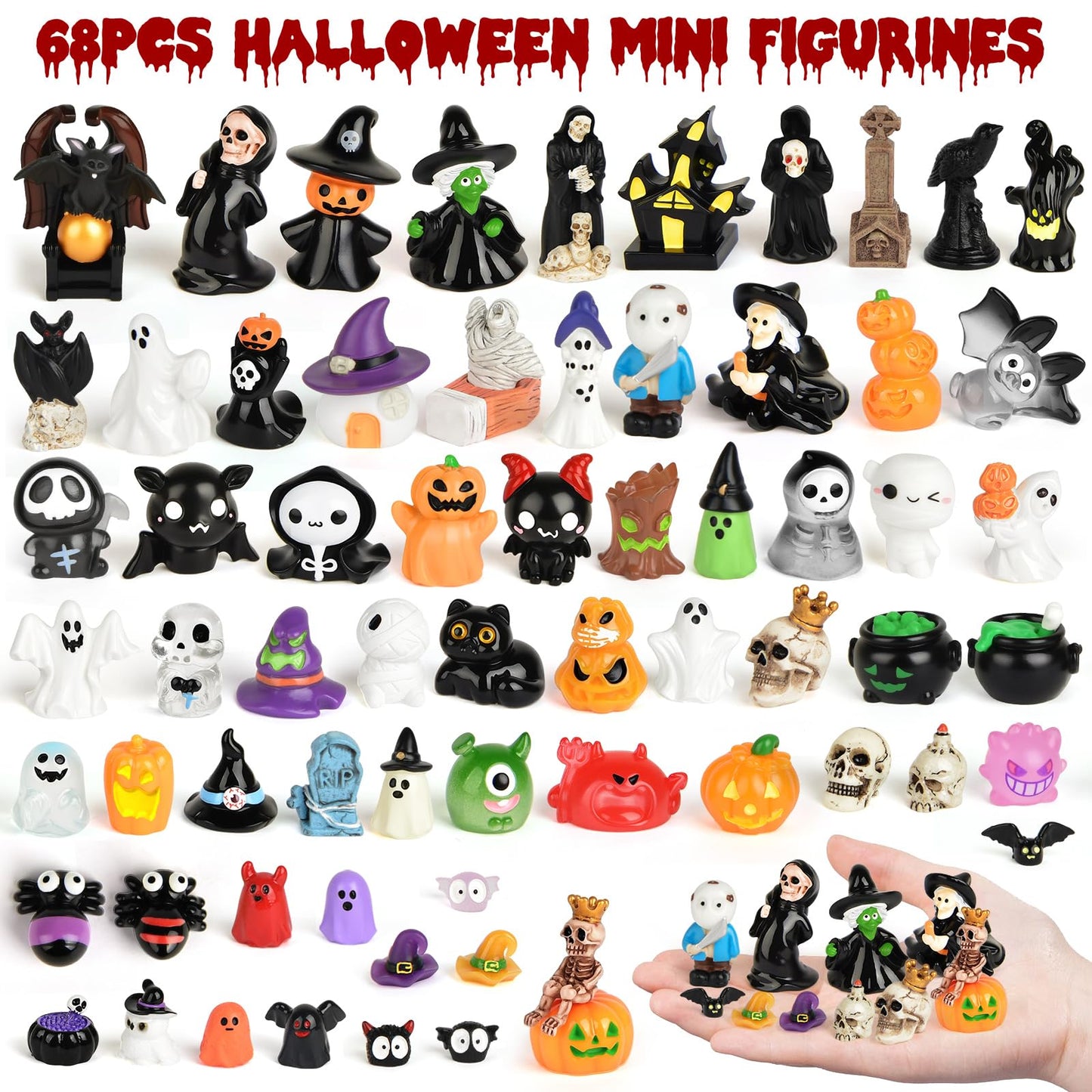 PLULON 68Pcs Halloween Miniatures Figurines  Mini Resin Figures Tiny Small Ghost Skull Pumpkin Ornaments for Crafts Fairy Garden Dollhouse Party Decor Village Accessories Bag Fillers