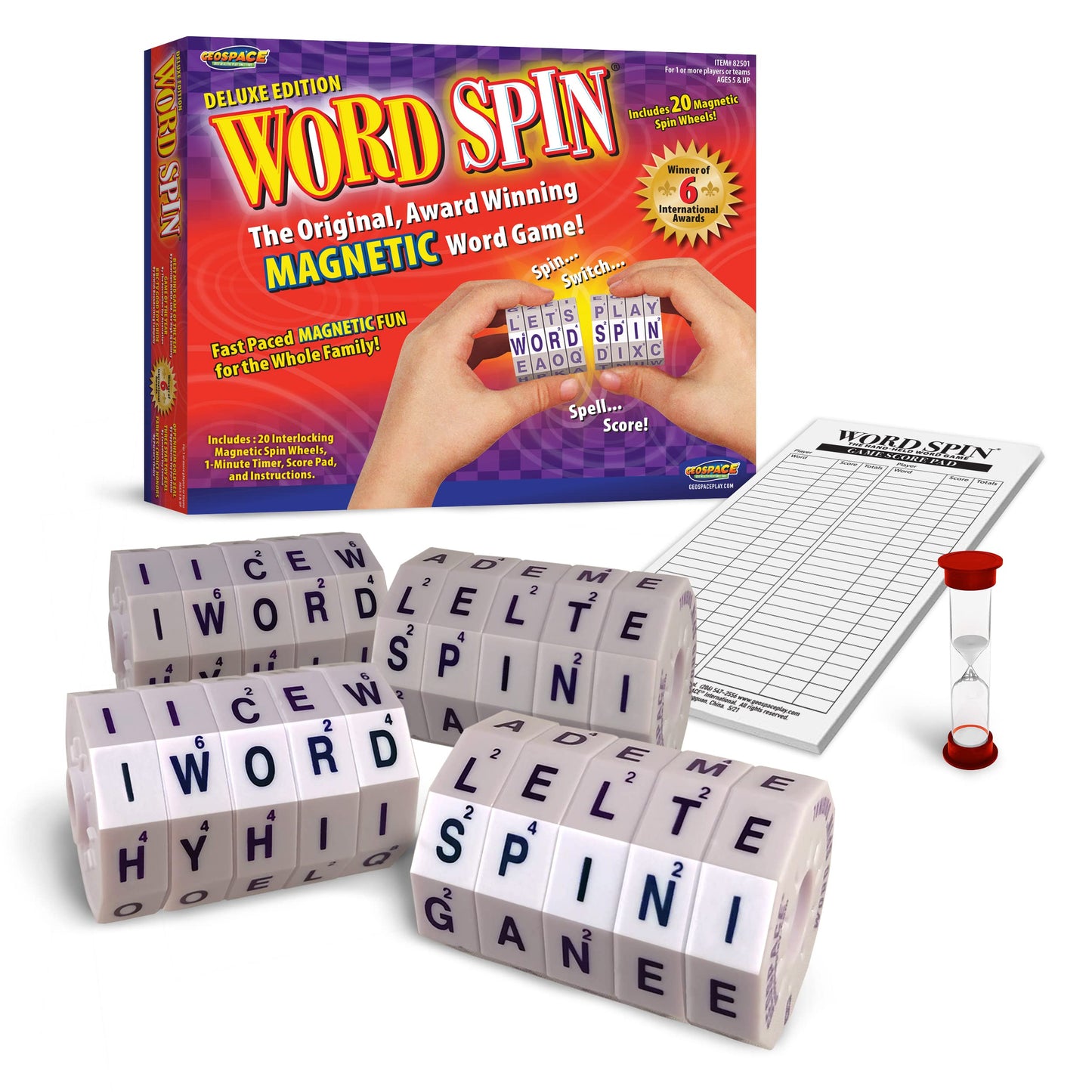 Geospace Word Spin Deluxe Family Edition for mature-themeds & Kids - The Award Winning Magnetic Word Game with 20 Magnetic Spin Wheels  Timer & Score Pad - Birthday Parties & Game Night Fun!
