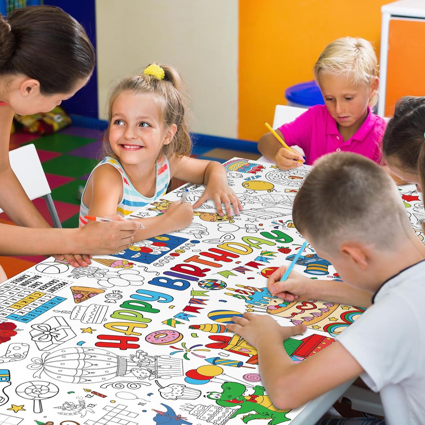 Happy Birthday Giant Coloring Poster For Kids 30X72 Inch, Birthday Large Coloring Poster Tablecloth, Birthday Themed Color-In Ac