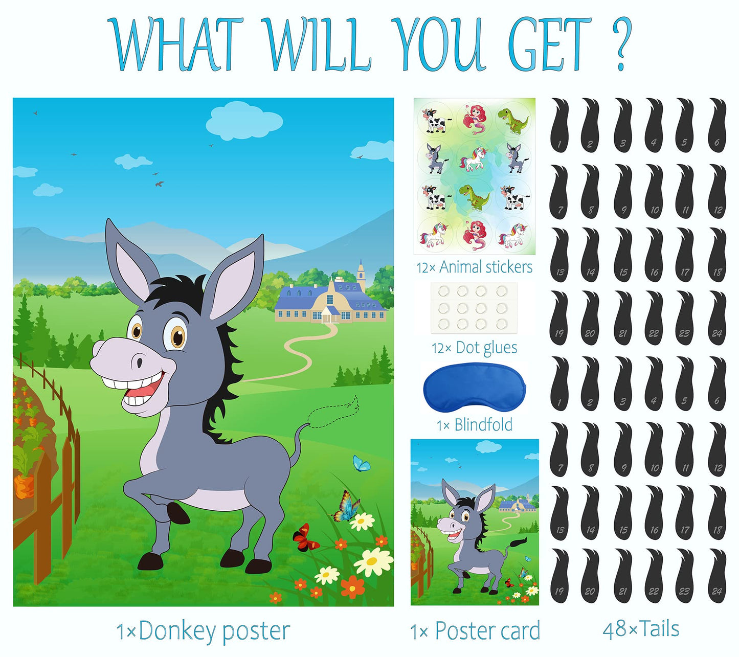Morcheiong Party Game - Pin The Tail on The Donkey with 48 Colorful Tails - Medium Size Birthday Party Supplies and Farm Decorations
