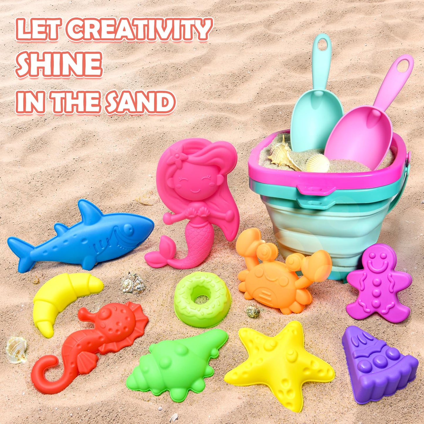 Aclarastra Collapsible Beach Sand Toys for Kids - Travel Beach Toys with 2 Collapsible Beach Buckets, Mesh Bags, Animal Sand Mol