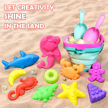 Aclarastra Collapsible Beach Sand Toys for Kids - Travel Beach Toys with 2 Collapsible Beach Buckets, Mesh Bags, Animal Sand Mol