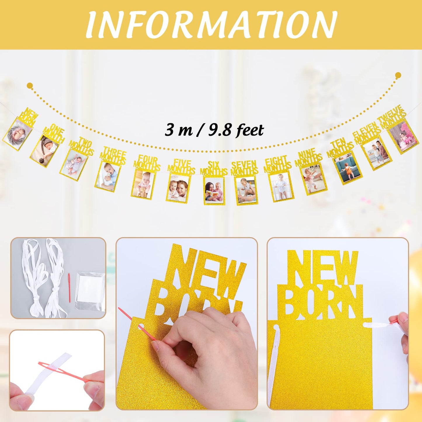 Whaline 1St Birthday Baby Photo Banner For Newborn To 12 Months, Monthly Milestone Photograph Bunting Garland, First Birthday Celebration Decoration (Gold)
