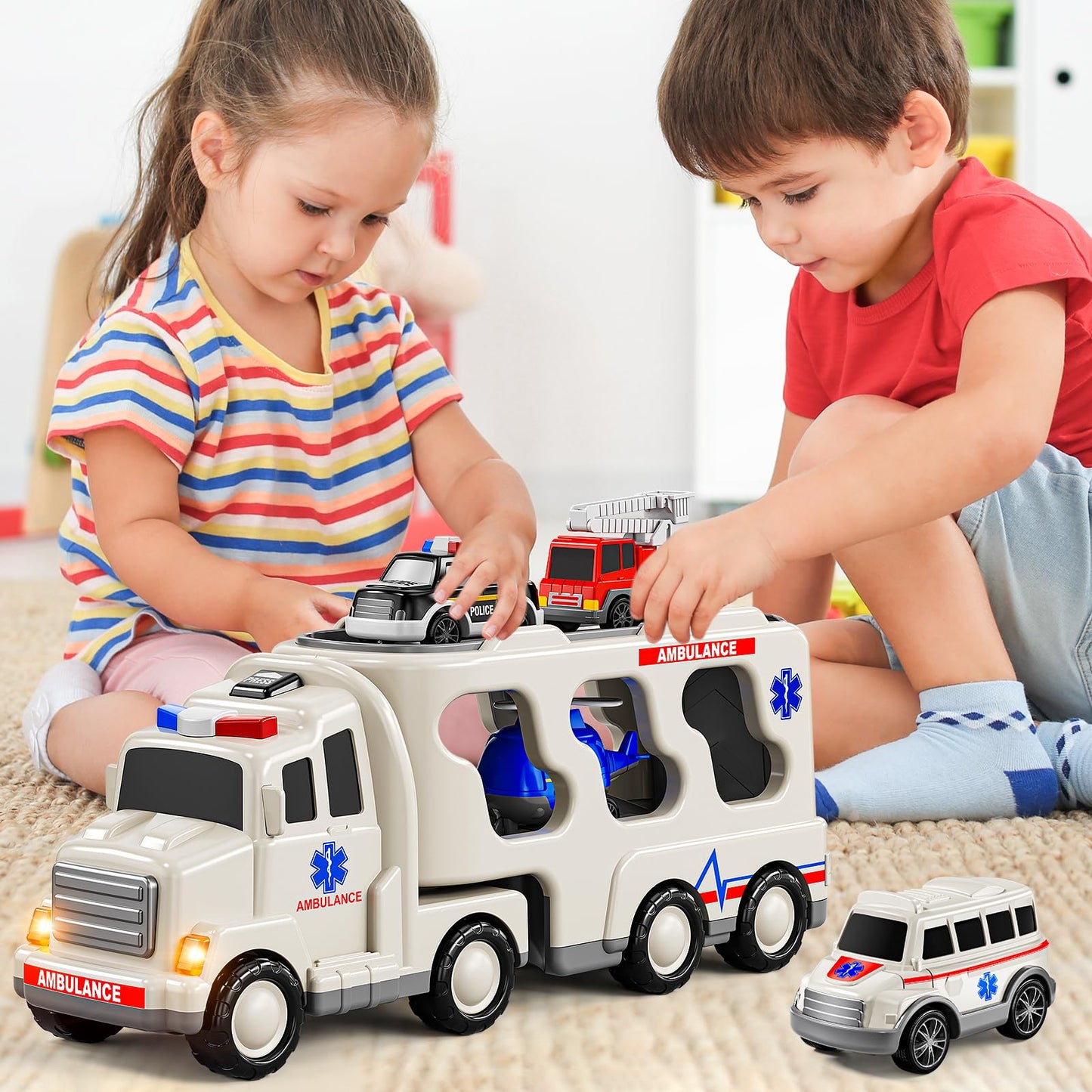 Jukudahu 5-In 1 Play Ambulance Toy Vehicle Toddler Truck Toys For 3 4 5 6 7 Year Old Boys - Friction Powered Cars With Light And
