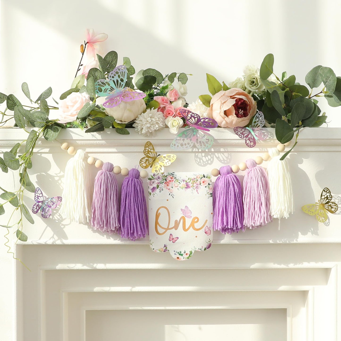 HODIHIWI Handmade Butterfly Flower 1st Birthday High Chair Banner Purple Party Decoration For Girls Boys Wall Hangings Decorativ