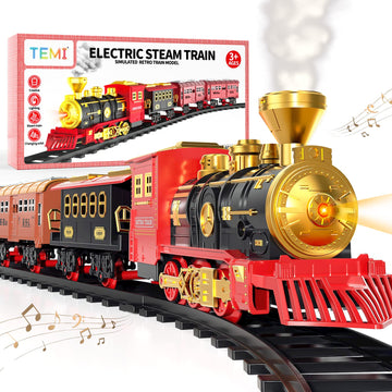 Temi Train Set For Kids Toddlers 3-5, Train With Steam Engine, Cargo Car And Long Track, Rechargeable Battery Play Red Train Toys With Smoke, Light & Sounds, Gift For Boys & Girls 4-7 Years