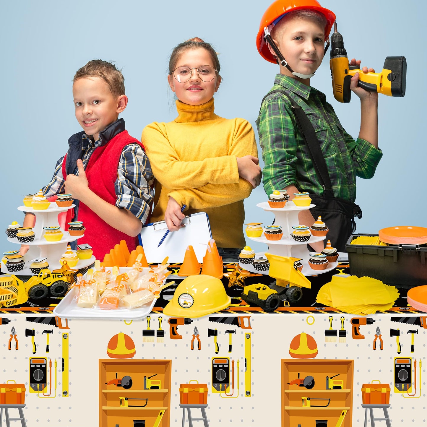 BkeeCten 6 Packs Tool Theme Plastic Tablecloths Decoration Waterproof Rectangle Cute Tool TableCover Design with Hard Hat, Nuts,