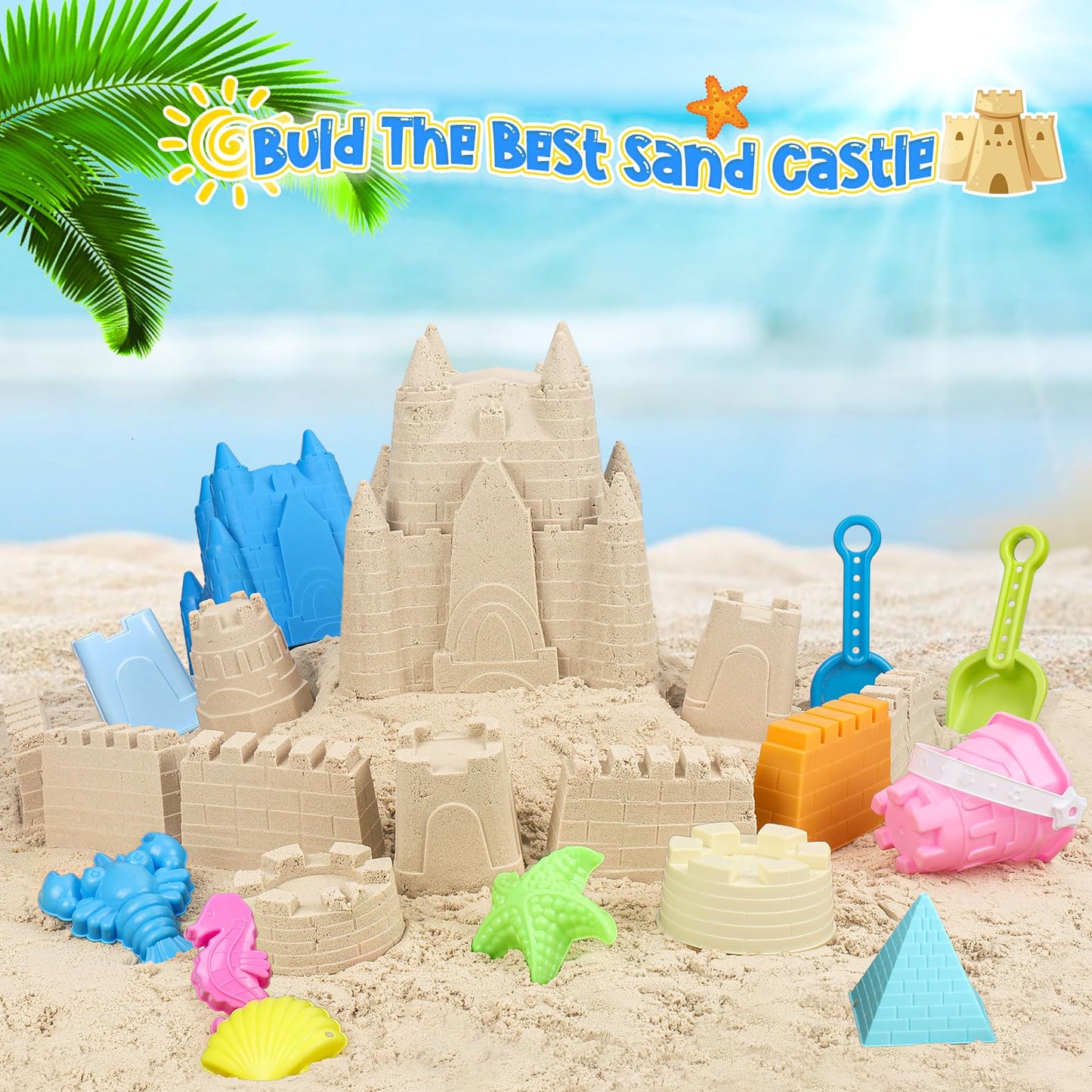 FUSPWEAO Beach Toys Sand Toys for Kids, Sand Castle Toys for Beach with Sand Castle Bucket, Sand Molds, Shovel and Rake, Sand Ca