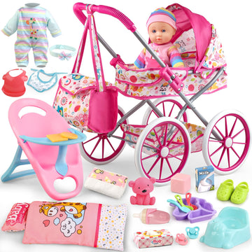 Baby Doll Stroller Toys Set With 12.5'' Baby Doll,Dining Chair,Quilt Pillow,24 Pcs Baby Doll Accessories And 2 Sets Doll Clothes