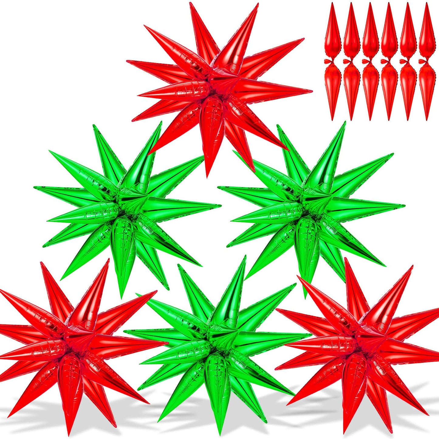 72 Pcs Star Balloons, Big 26 Inch Explosion Christmas Star Cone Balloons, Red And Green Foil Cone Mylar Balloons, 12 Point Spike