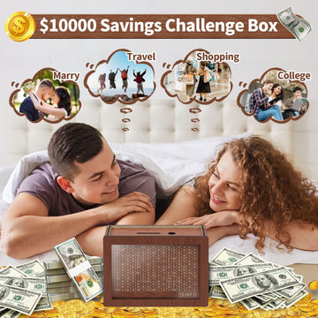 10000 Savings Challenge Box, Kakeibo Money Box For Cash Saving, Wooden Piggy Bank For Adults, Money Saving Box 10,000 Dollar, No