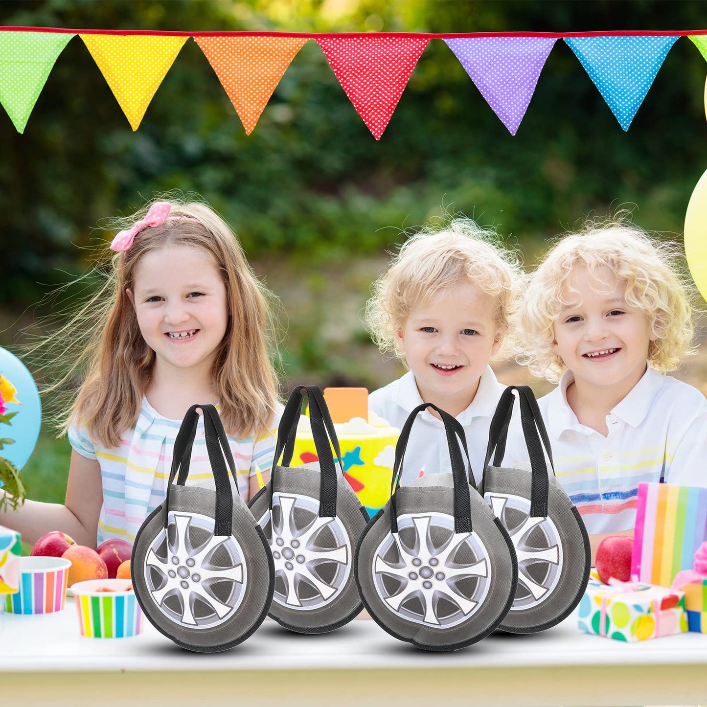 Silkfly 48 Pcs Racing Car Party Non Woven Tote Bags Race Car Wheel Bags with Handles Race Car Party Supplies for Candy Gifts Goo