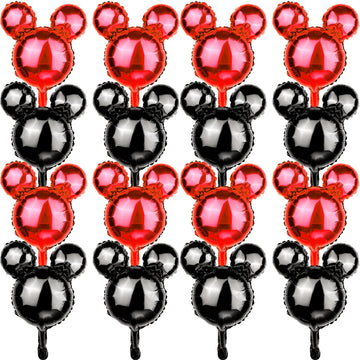 24 Pcs Mouse Head Foil Balloons Red Mouse Birthday Mylar Balloons Party Supplies Kit Black Mouse Aluminum Foil Balloon For Kids
