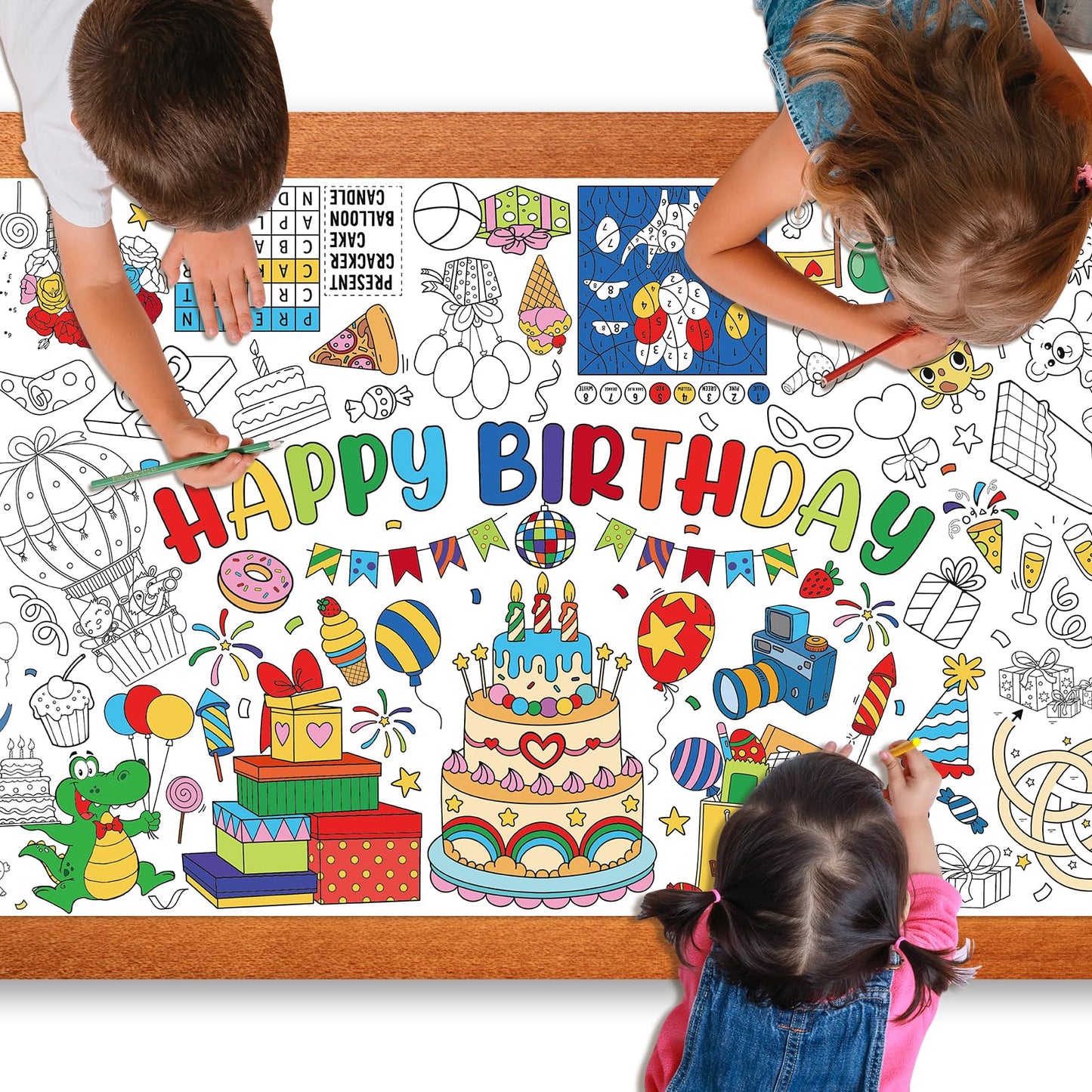 Happy Birthday Giant Coloring Poster For Kids 30X72 Inch, Birthday Large Coloring Poster Tablecloth, Birthday Themed Color-In Ac