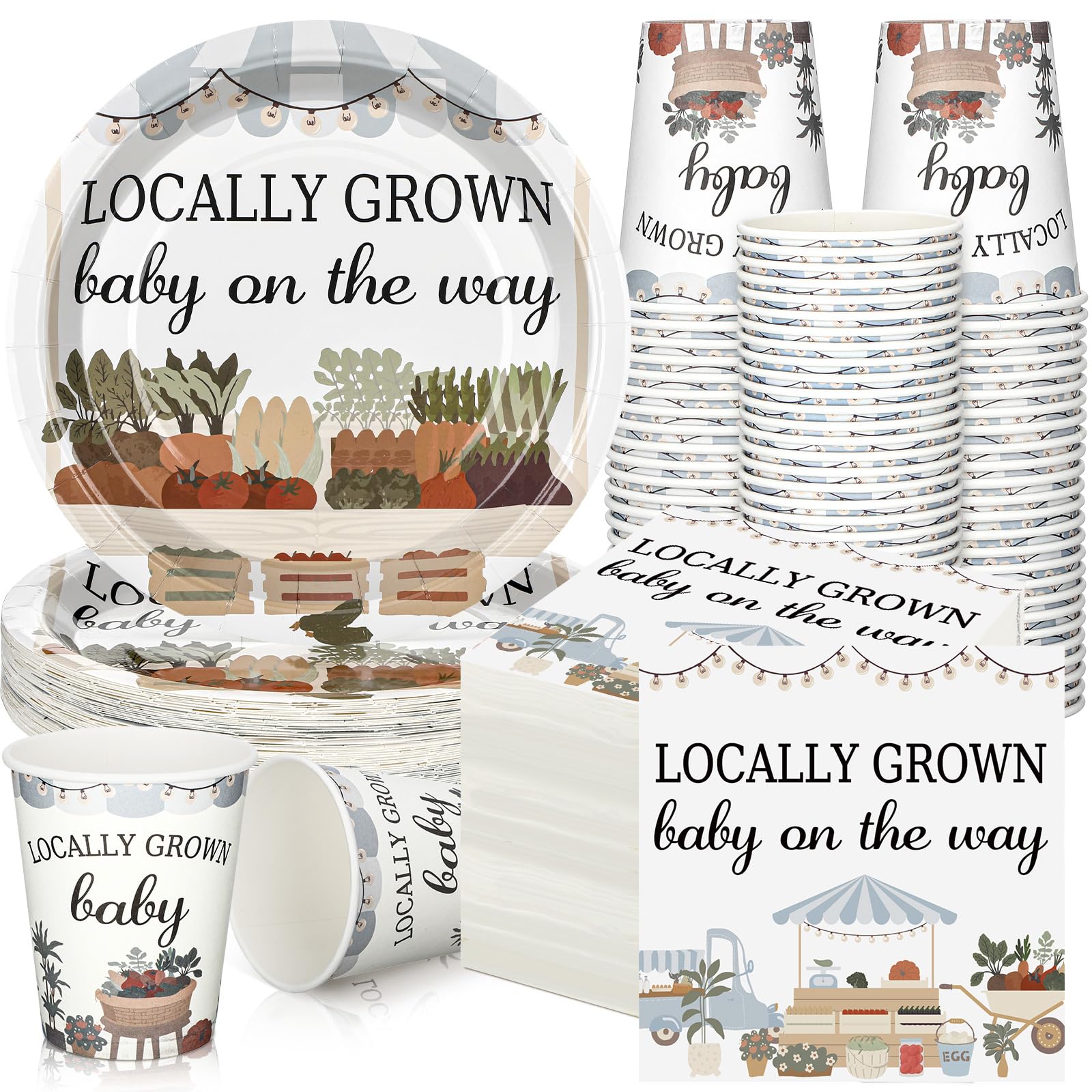 Hushee 200 Pcs Baby Shower Paper Plates Napkins Cups Baby Shower Party Supplies Tableware Set Disposable Cup Napkin for 50 Guest