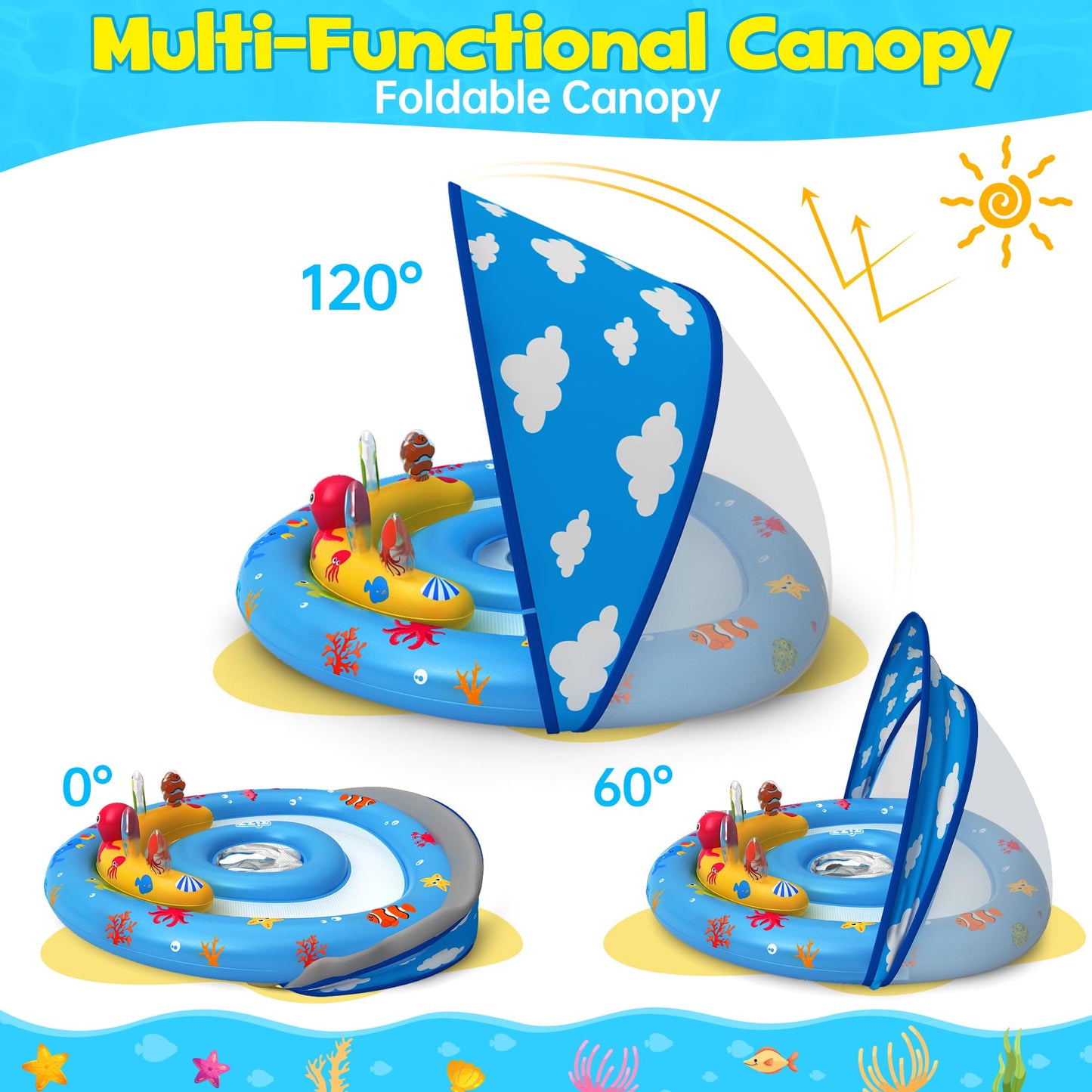 ZIZZ Baby Pool Float with Canopy - Inflatable Baby Swimming Float with UPF50+Sun Protection  Infant Pool Float with Toy Play Console Adjustable Seat for Boys Girls Toddler 6-36 Months