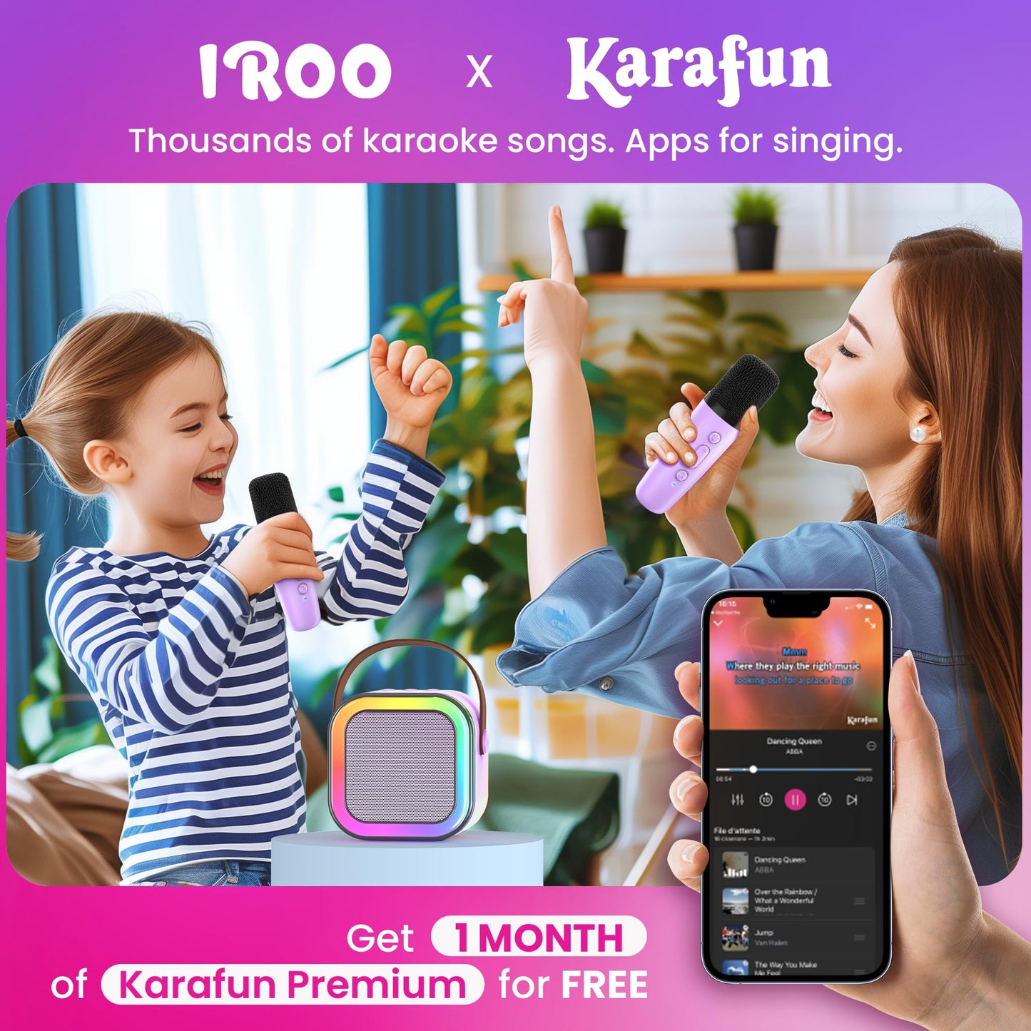 Mini Karaoke Machine For Kids, Birthday Easter Gifts Toys For Girls Boys Friends Age 3-12+, Portable Bluetooth Speaker With 2 Wireless Mics, Karafun Premium Songs Family Home Party(Purple)