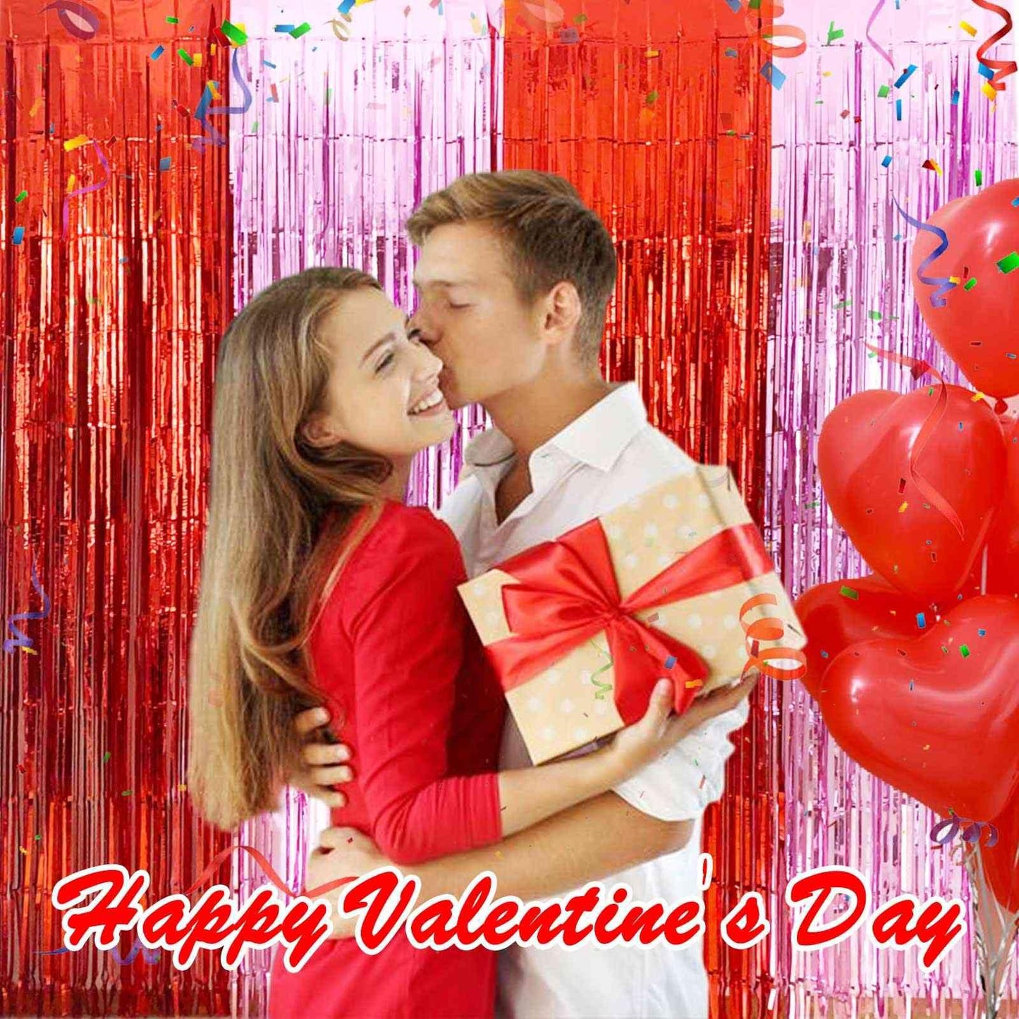EUFARS Valentines Day Party Decorations - 4 Pack of 3.2x8.2ft Red Pink Foil Fringe Curtains Streamers Backdrop for Birthday Gale