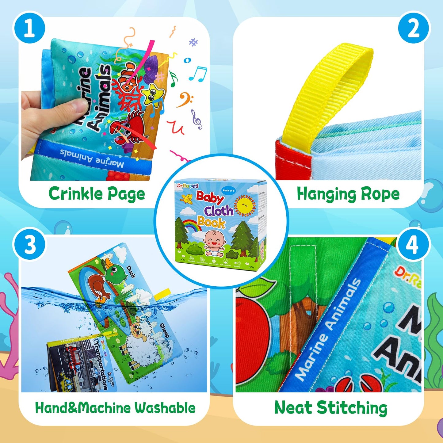 Dr.Rapeti Soft Cloth Books Baby Books Bath Books 8-Pack For Baby Infant Toddler Kid Crinkle Washable Chewable Early Educational Preschool Learning Giftable