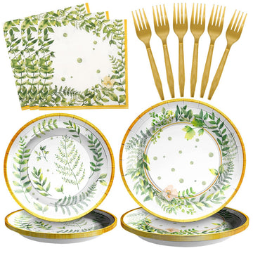 Scione 96Pcs Greenery Party Decorations Party Tableware Set, Jungle Baby Shower Themed Birthday Party Supplies Party Plates Napkins Forks For 24 Guests Kids Bridal Showers Party Decorations